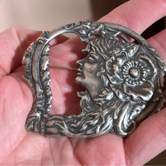 Antique Art Nouveau Art Deco Silver Lady Face Victorian Brooch Fairycore - Picture 15 of 15